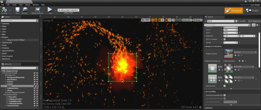 Interfaz de Niagara en Unreal Engine para la creación de efectos visuales complejos.